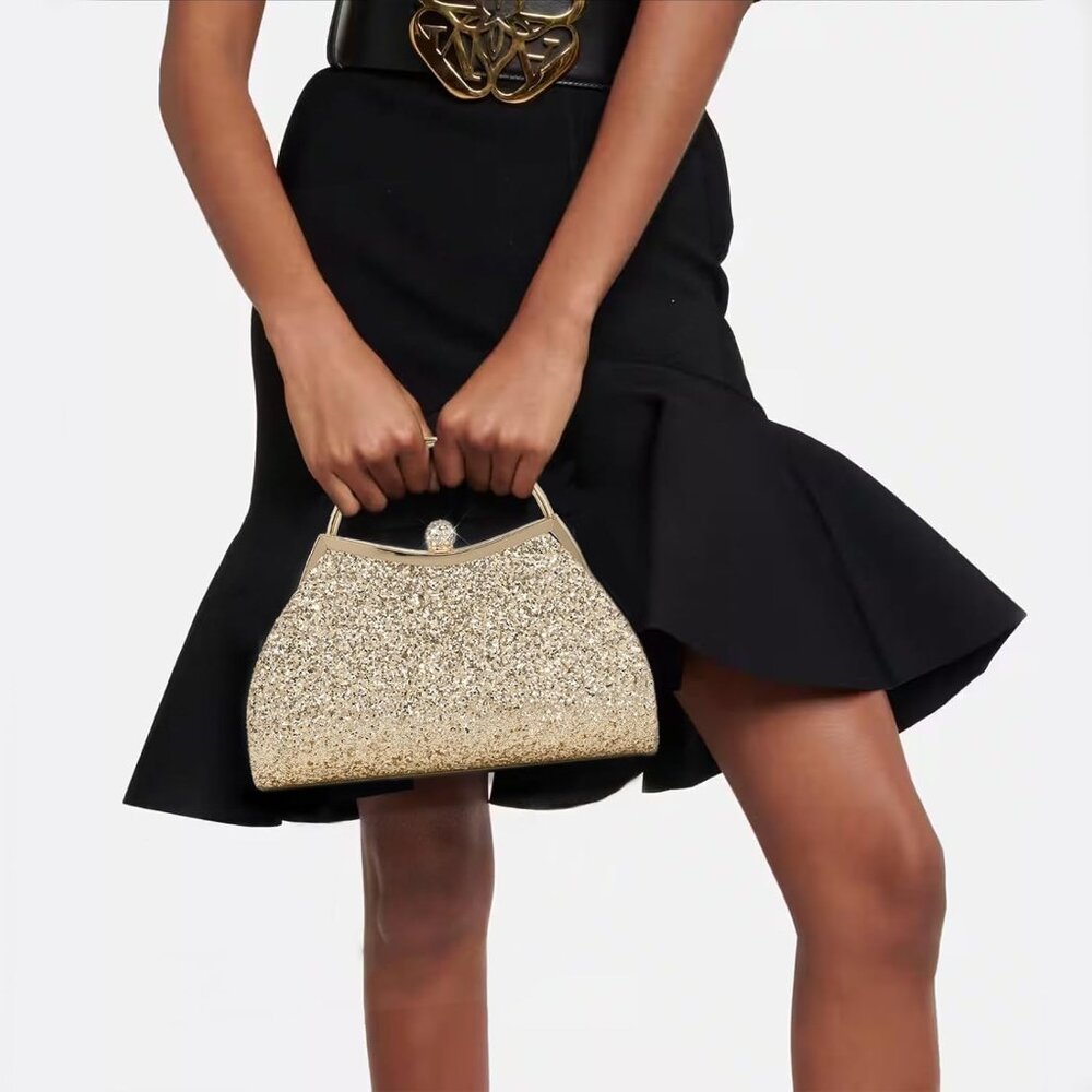 Women's Gold Chain Strap Fashionable Shoulder Sparkly Evening Clutch Bag - Picture 6 of 7